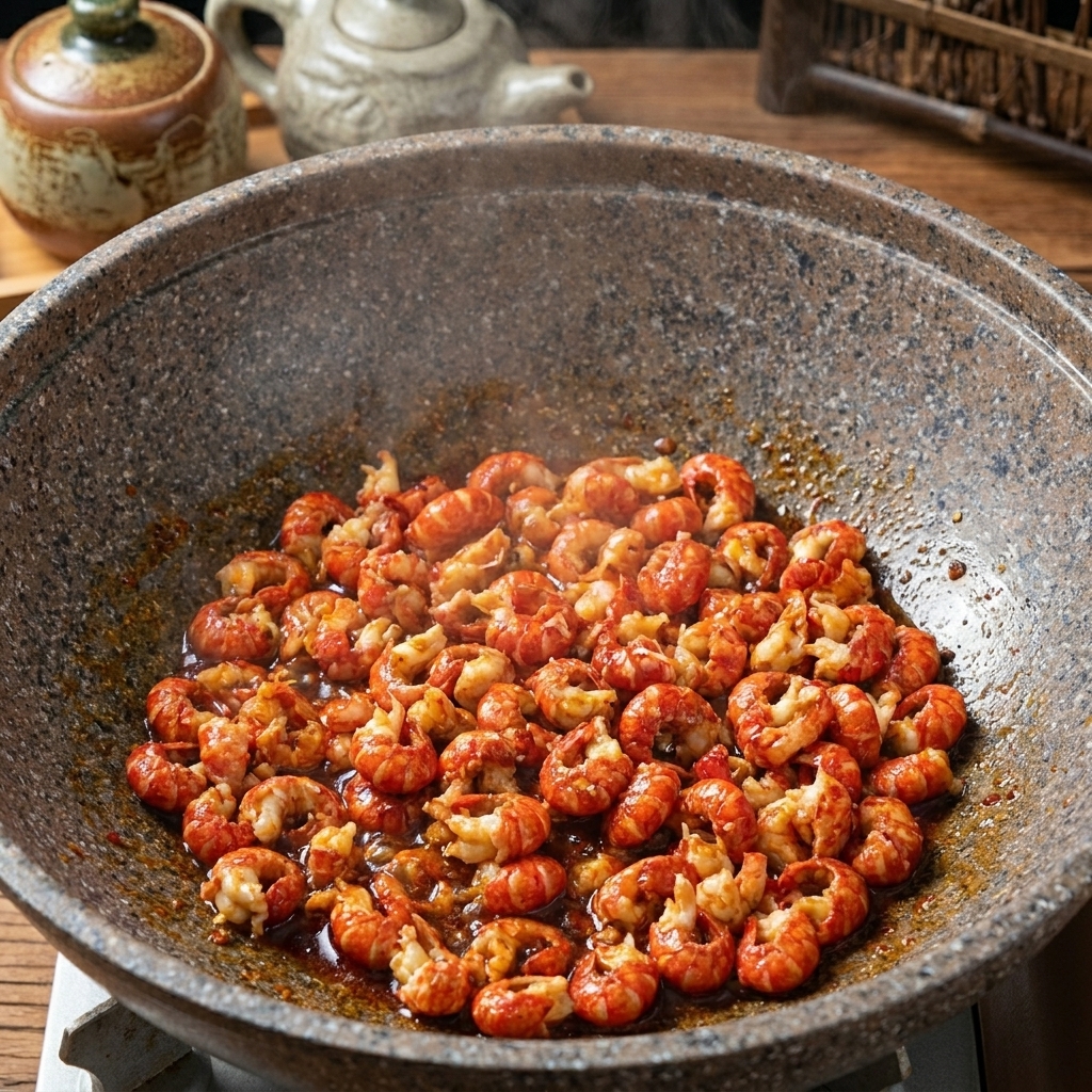 Sautéed crawfish tails being seasoned with soy sauce and oyster sauce in a stone-textured wok.