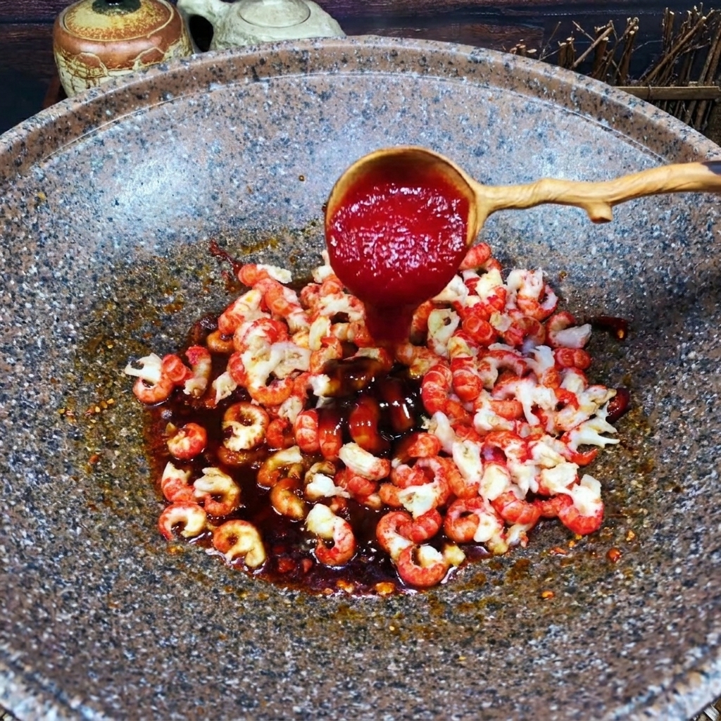 A wooden spoon adding bright red ketchup to crawfish tails and dark sauce in a wok.