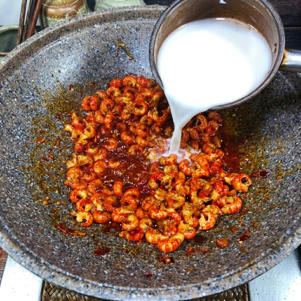 White starch water being poured from a small pot into a wok filled with crawfish tails.
