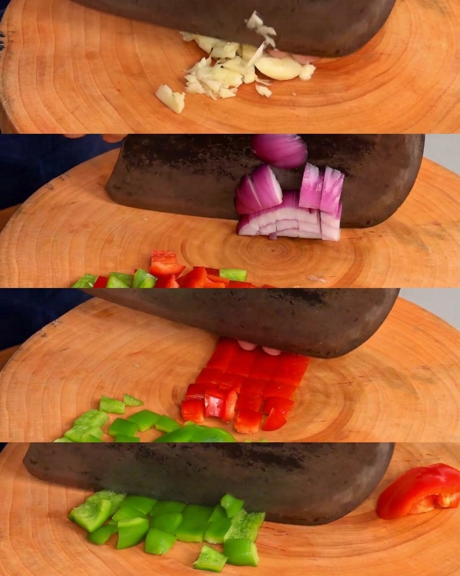 A series of shots showing garlic being minced and bell peppers and onions being diced on a round wooden board.