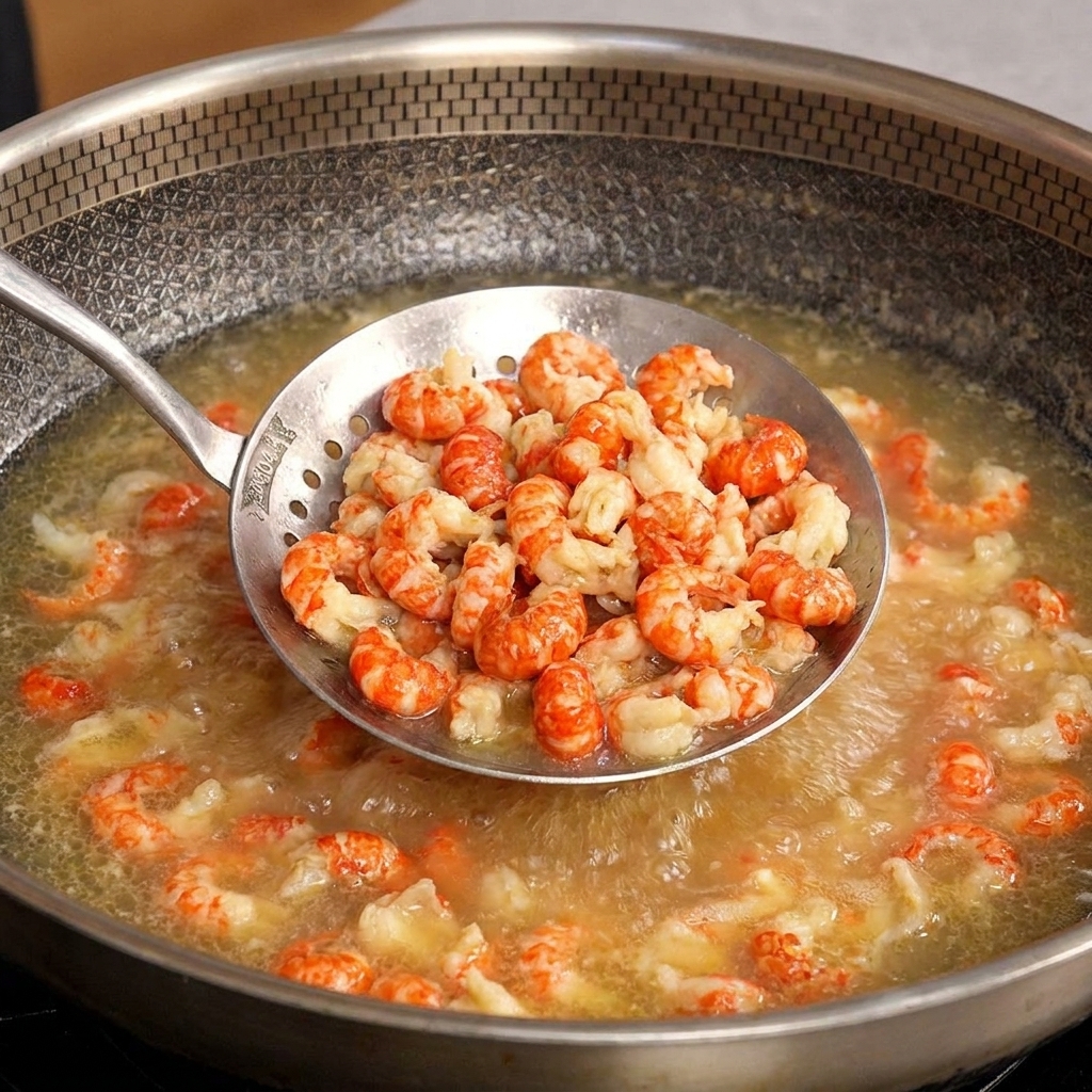 A stainless steel strainer filled with blanched crayfish tails being lifted out of a steaming wok.