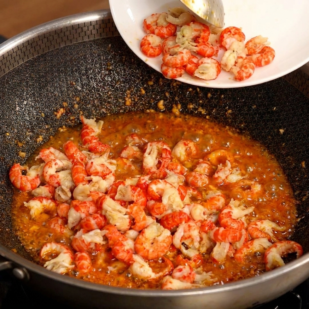 Blanched crayfish tails being poured from a white plate into a wok containing a simmering, red, spicy garlic sauce.
