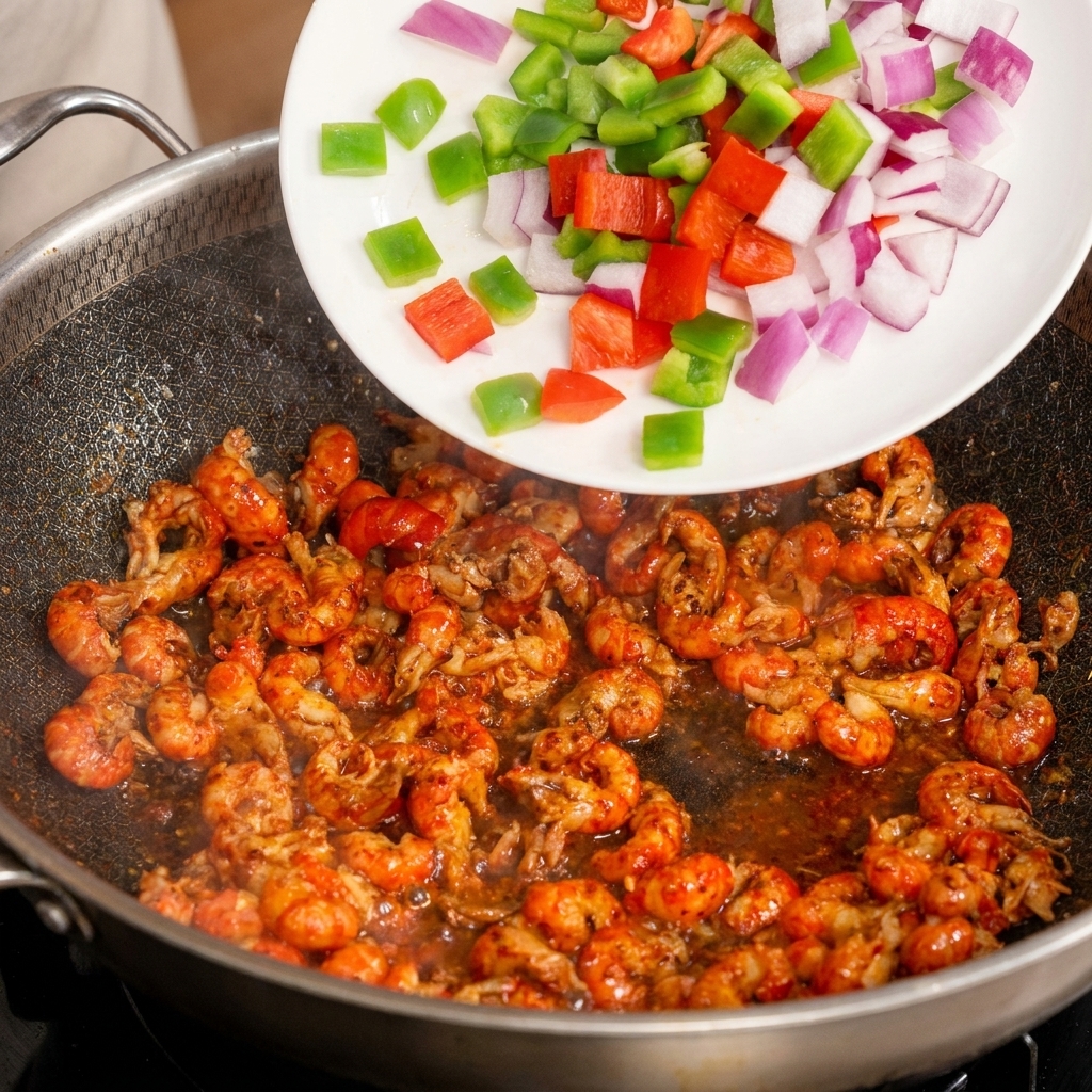 A mixture of diced colorful peppers and red onions being poured from a white plate into a wok containing cooked crayfish.