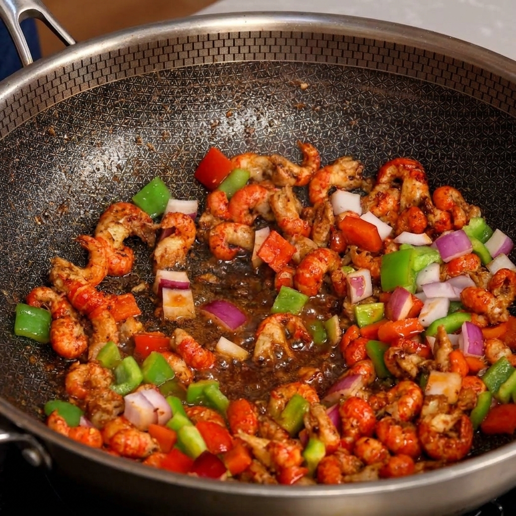A close-up view of crayfish tails, peppers, and onions in a honeycomb-textured wok, ready to be seasoned.