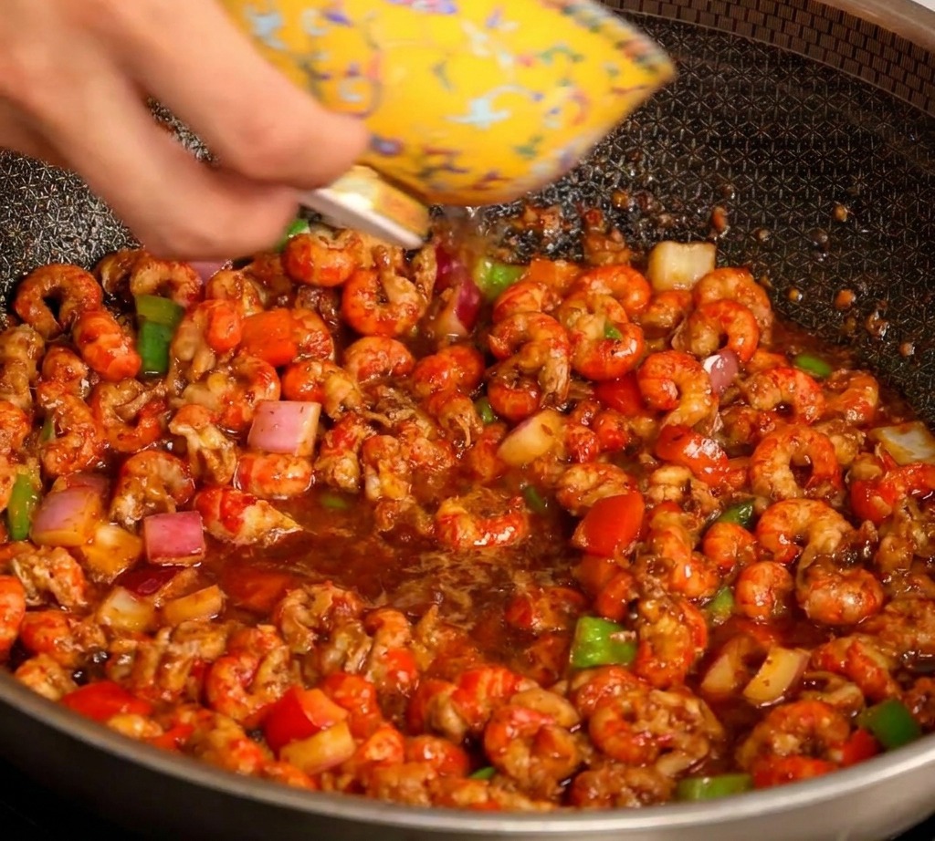 A yellow patterned bowl pouring water into a hot wok filled with seasoned crayfish tails, peppers, and onions.