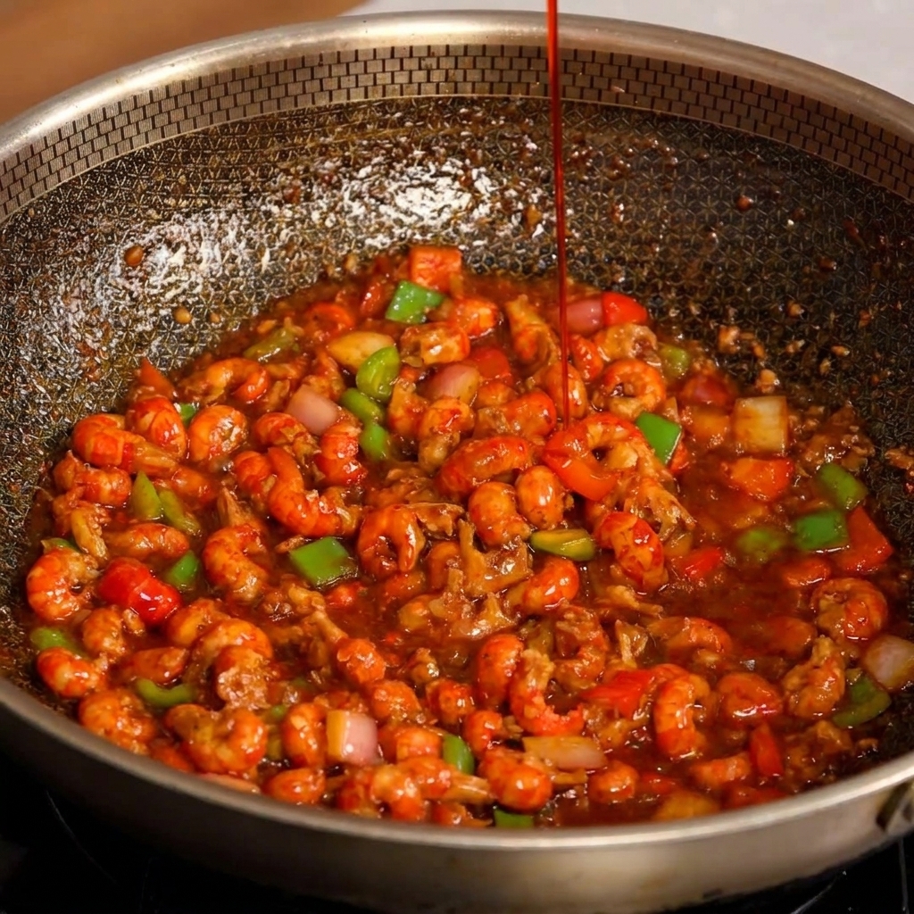 A stream of vibrant red chili oil being drizzled over the cooked crayfish tails and vegetables in the wok.
