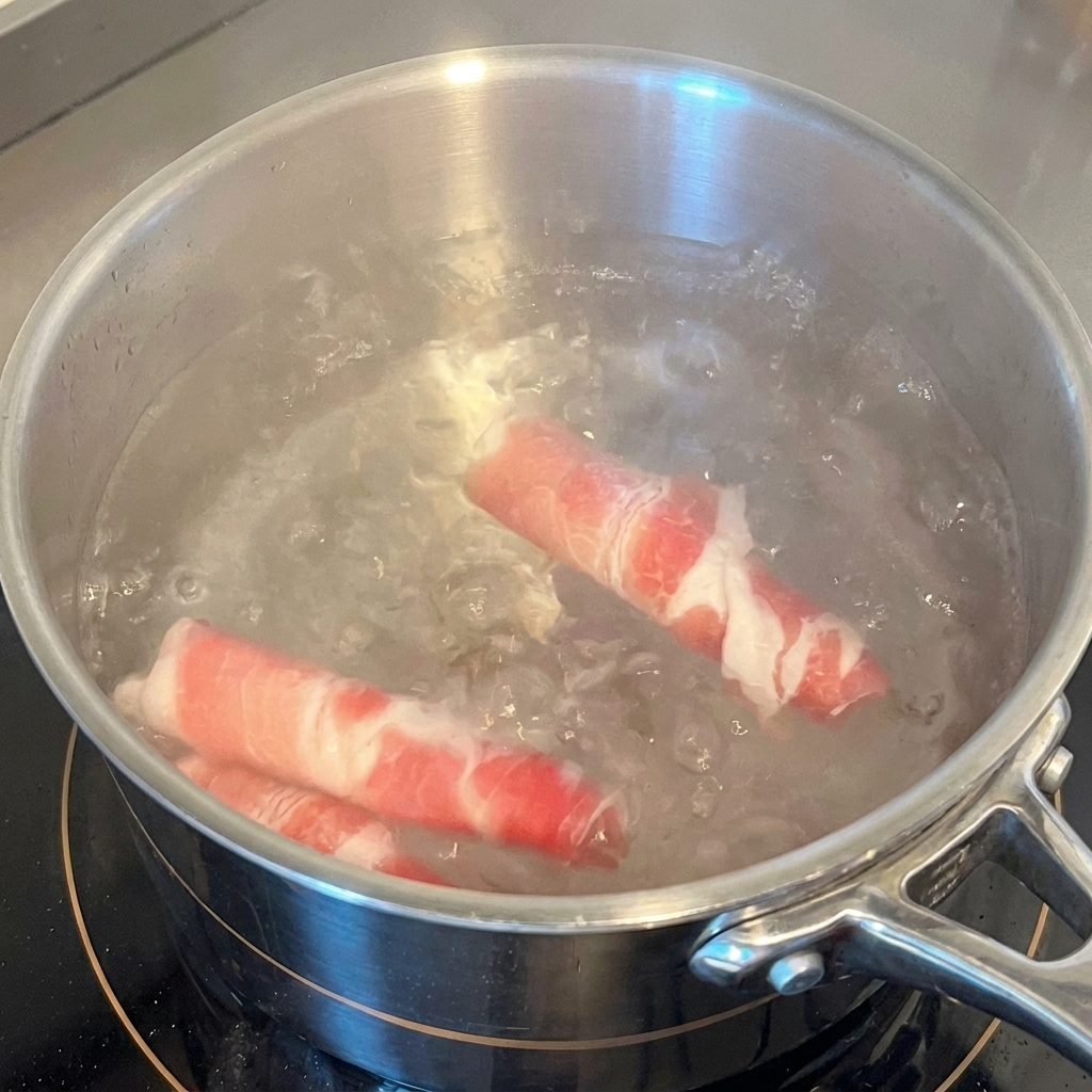 Thin beef slices being submerged in a pot of vigorously boiling water to blanch them.