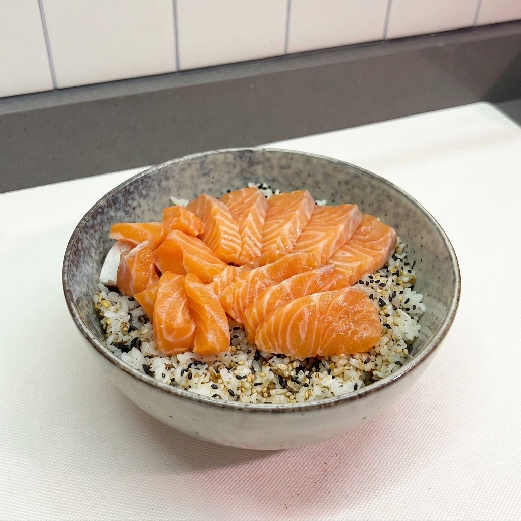 A bowl of white rice topped with sesame seeds and furikake, with several slices of orange raw salmon fanned out across the top.