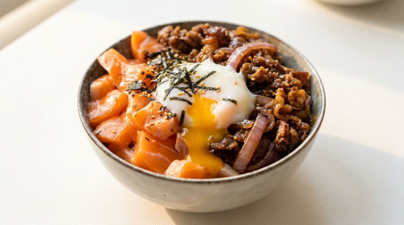 A vibrant Japanese donburi featuring fresh salmon, glazed beef with red onions, and a perfectly runny onsen egg yolk.