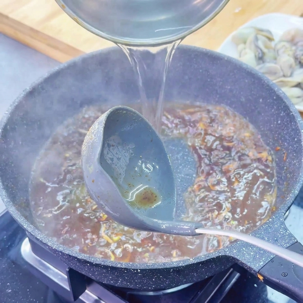 Clear hot water being poured from a ladle into a dark pan containing a simmering brown sauce base.