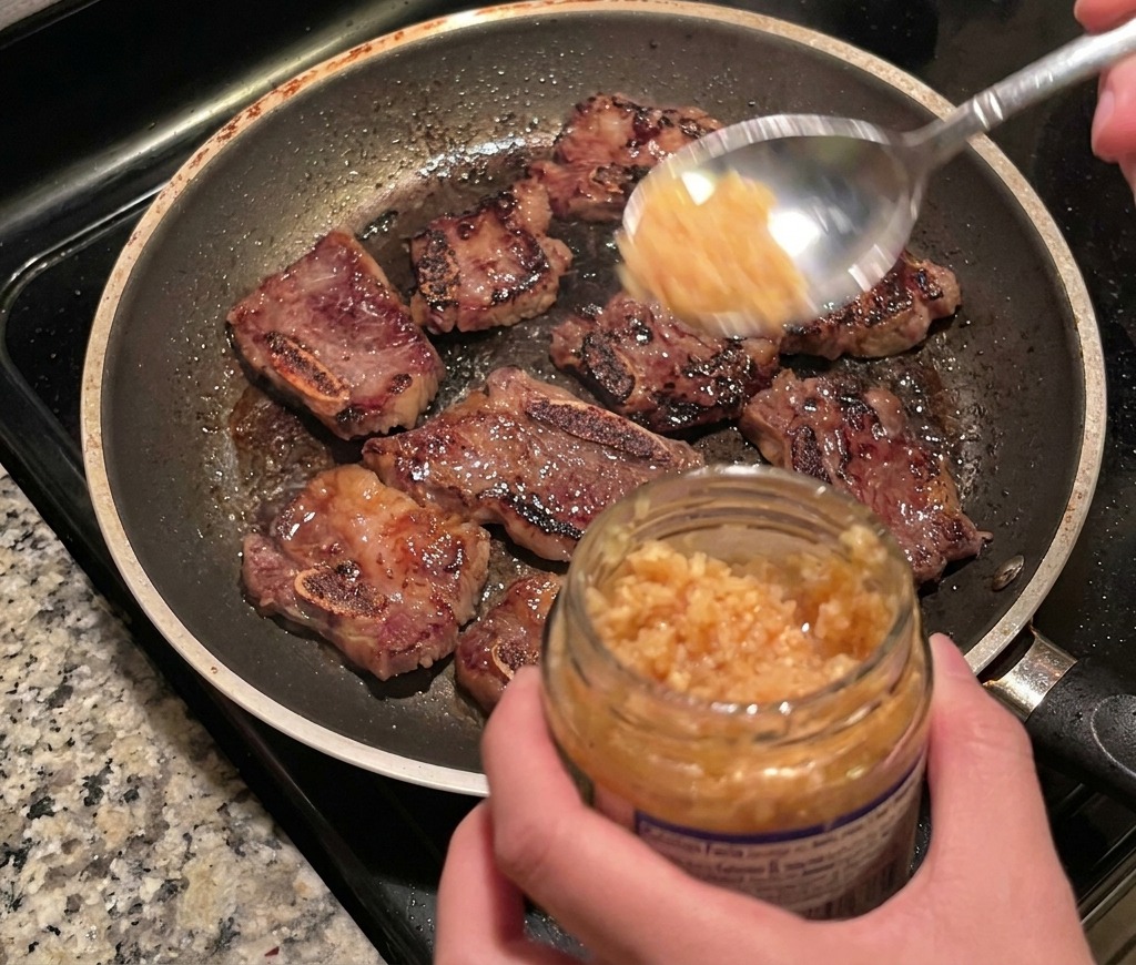 A metal spoon dropping minced garlic into a frying pan filled with seared Korean BBQ short ribs.