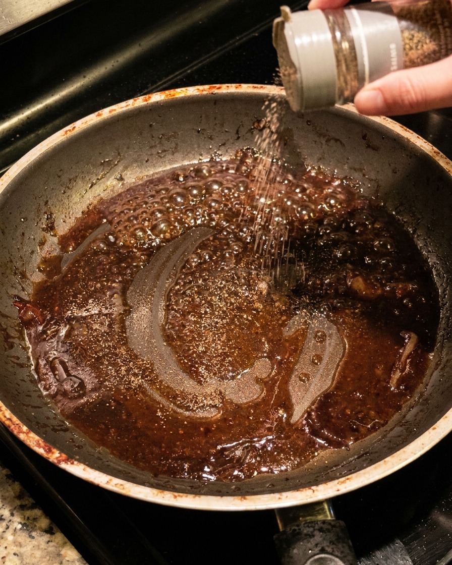 Black pepper being ground from a mill into a dark bubbling sauce reducing in a frying pan.