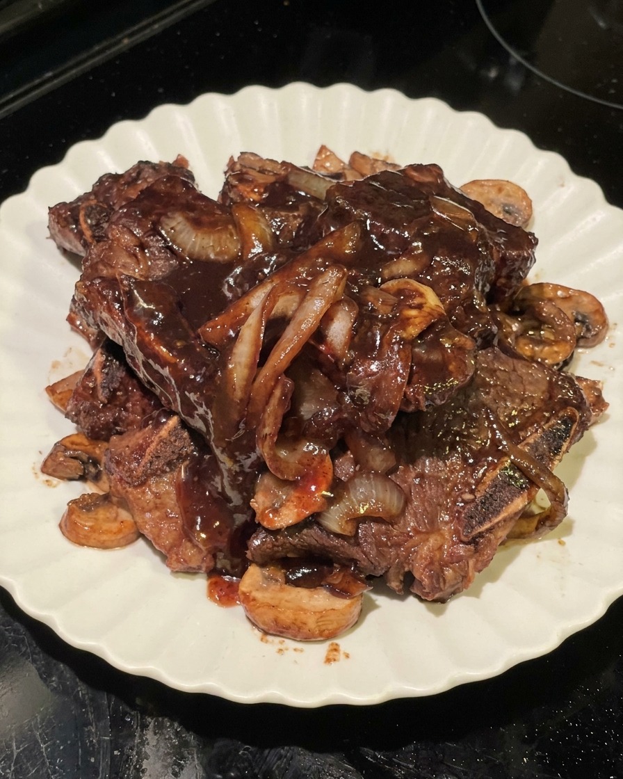 A pile of cooked Korean BBQ short ribs with mushrooms and onions on a white scalloped plate, covered in a rich dark saucecite: 58.