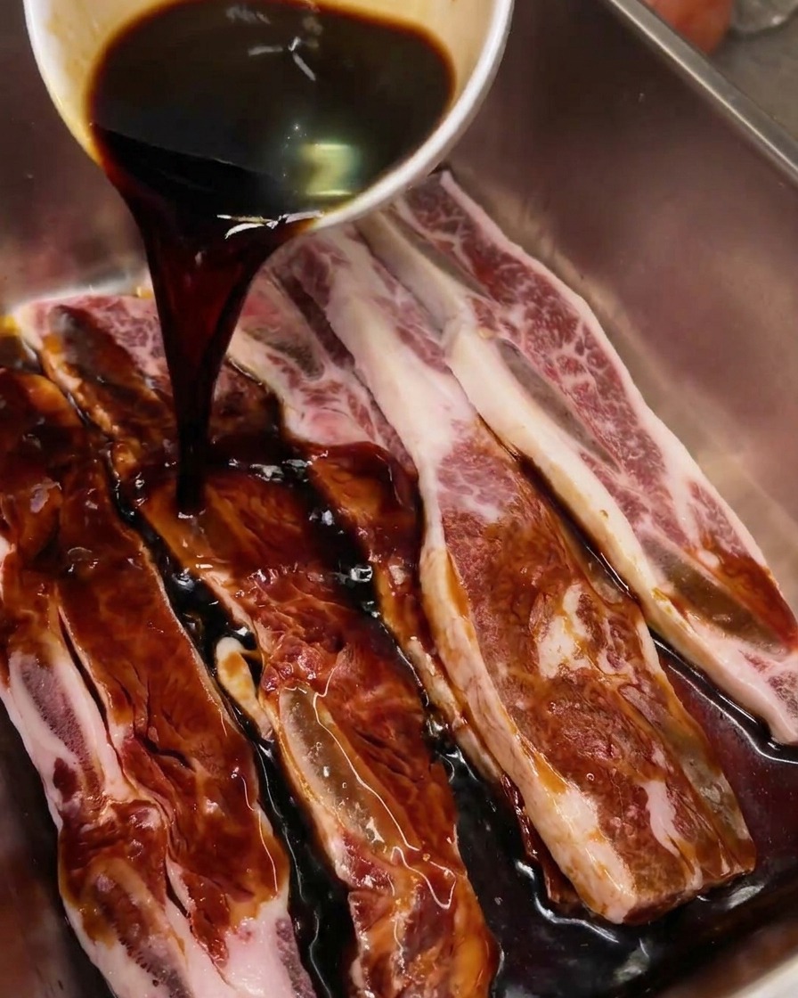Dark soy sauce being poured from a small white ceramic bowl over raw beef short ribs in a stainless steel tray.