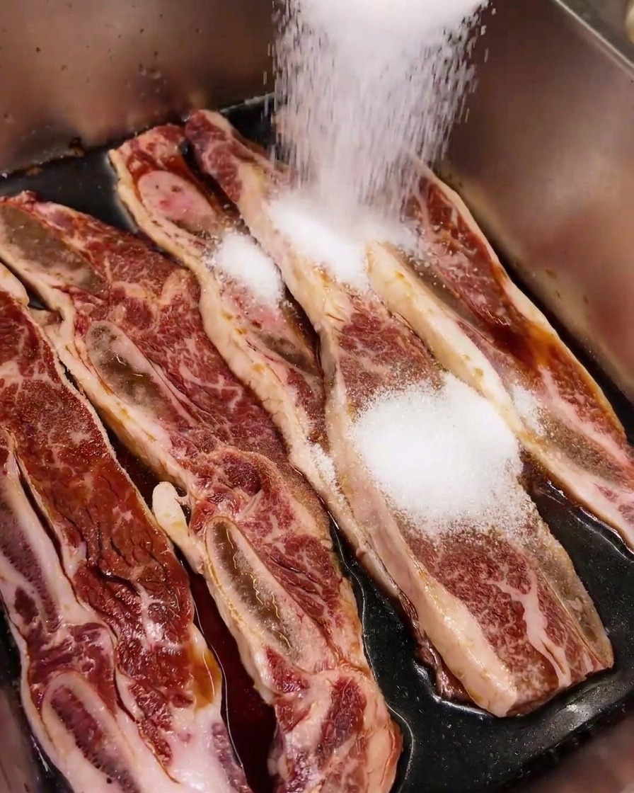 White granulated sugar being poured over raw beef short ribs that are sitting in a dark soy sauce marinade.