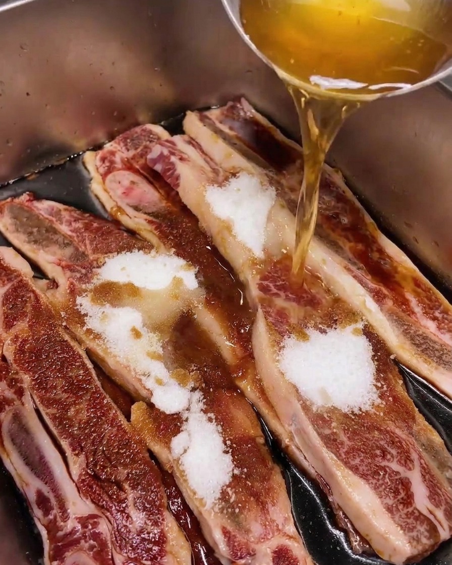A light golden liquid, mirin, being poured from a ladle onto seasoned raw beef ribs in a metal container.