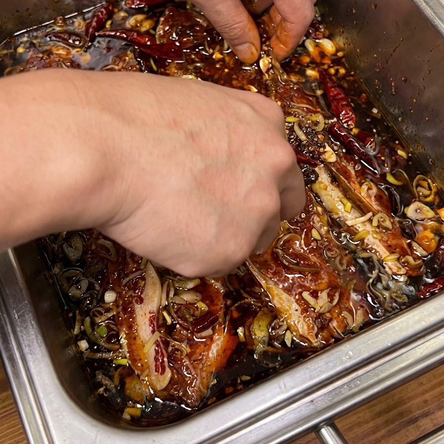Two hands actively mixing raw bone-in short ribs in a dark soy marinade containing sliced green onions and red chili peppers.