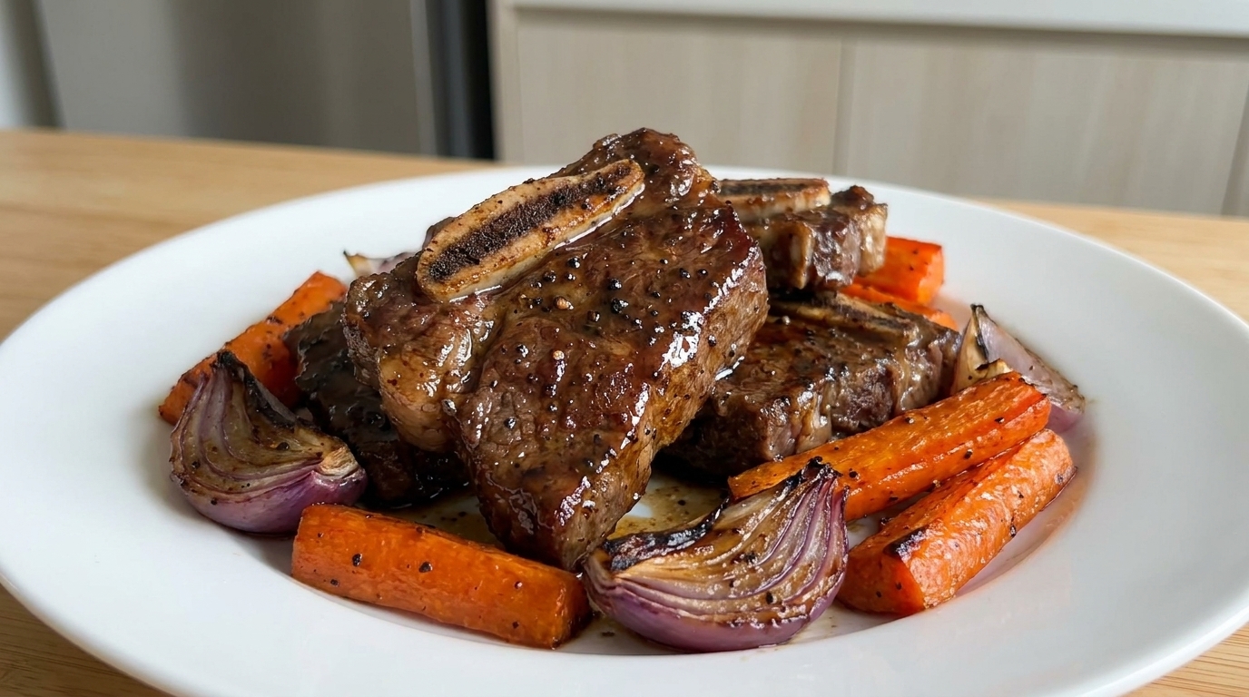 Glazed black pepper beef short ribs served with roasted carrots and caramelized red onions.