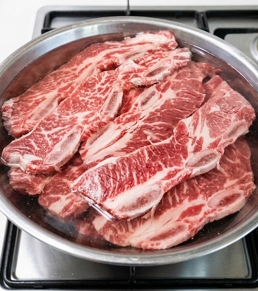 A top-down view of a large metal bowl containing beef short ribs fully submerged in a mixture of water and mirin, resting on a stovetop.