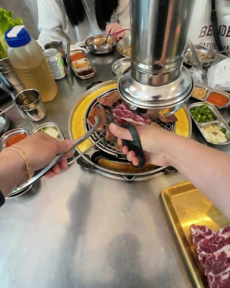 Close-up of kitchen scissors cutting grilled beef into small square pieces over hot coals.