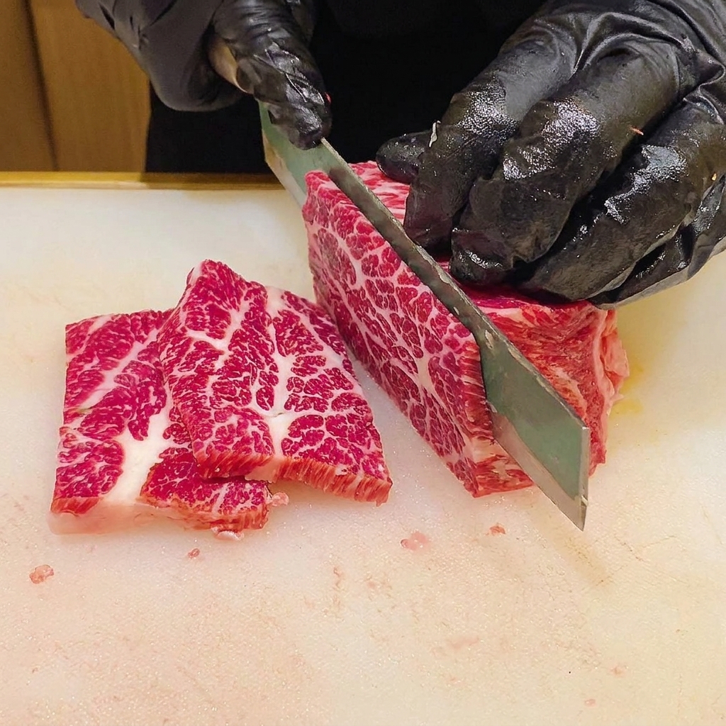 A close-up of a sharp knife slicing through a highly marbled block of raw beef on a white cutting board, creating thin, uniform slices.