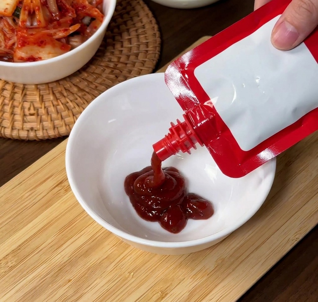 A hand squeezing vibrant red Korean chili paste from a red pouch into a clean white ceramic bowl.