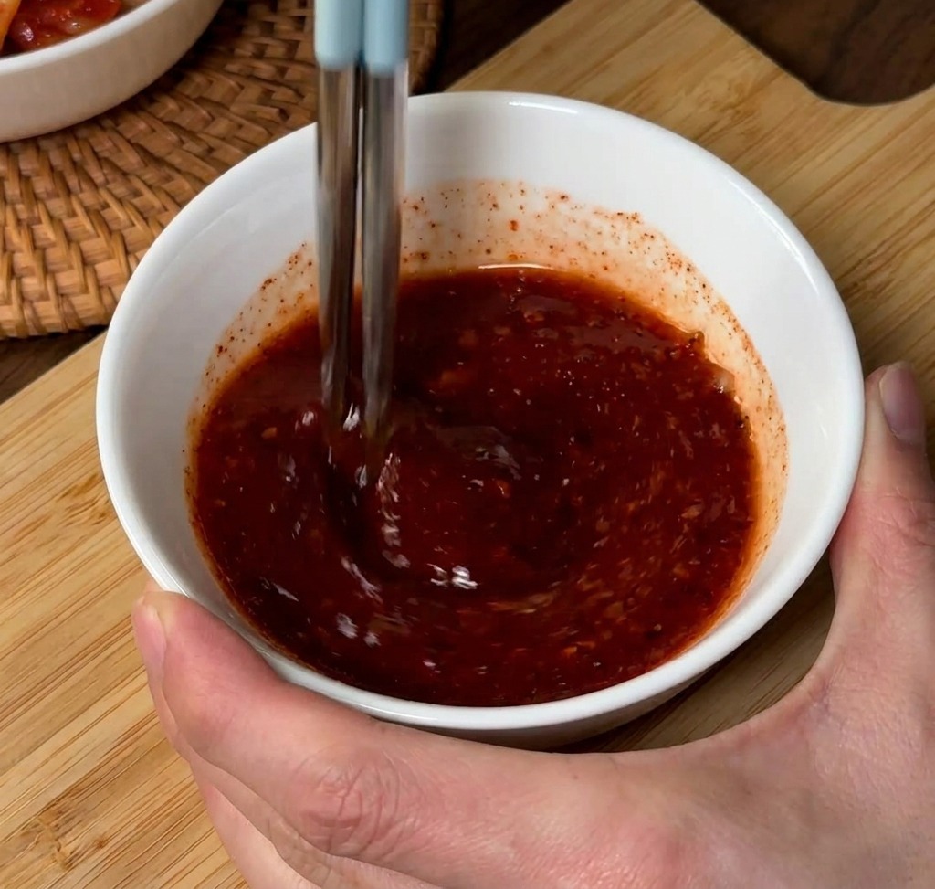 A pair of light blue chopsticks mixing a dark red, textured sauce in a white bowl.