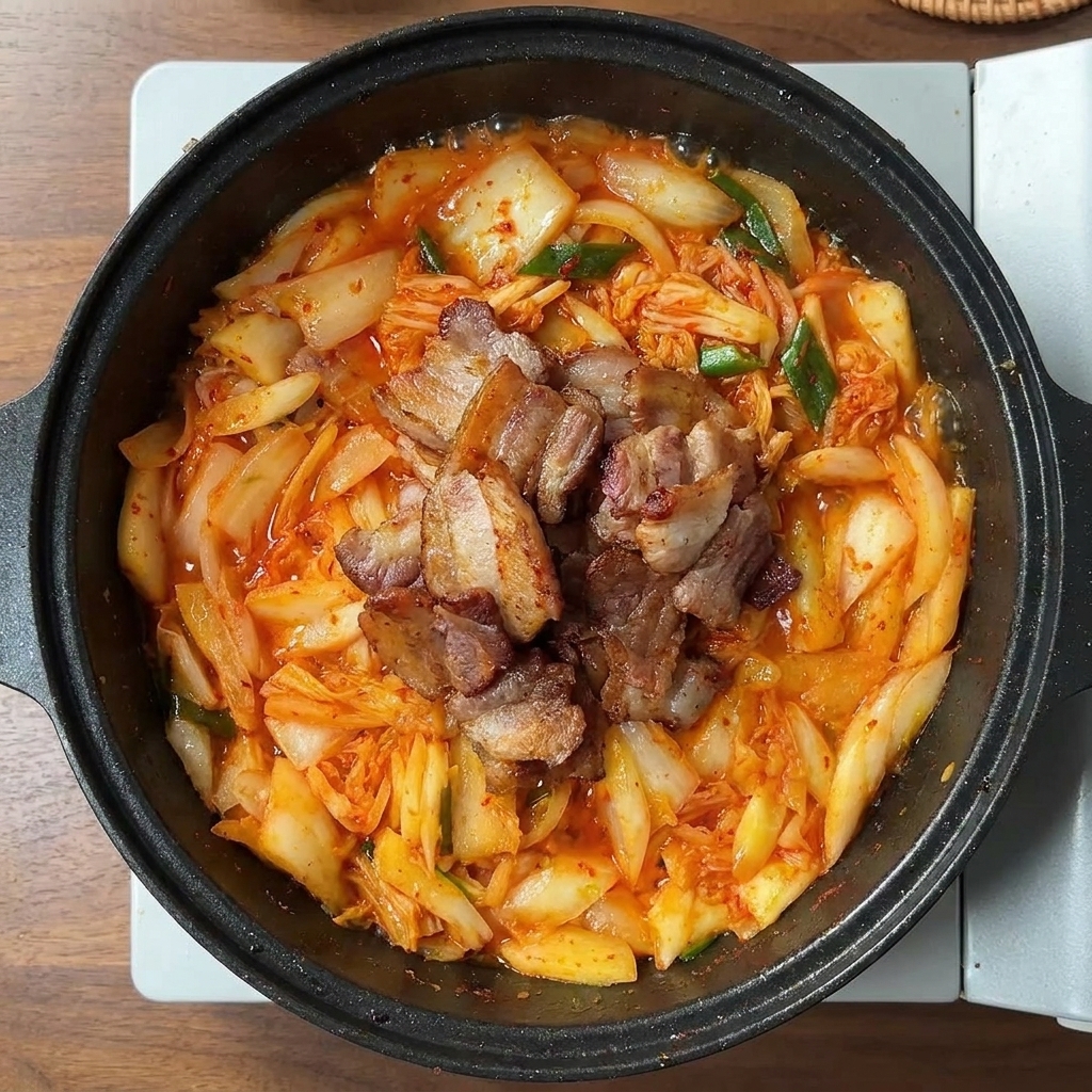 Crispy fried pork belly slices sitting on top of a bed of sautéed kimchi and white onions in a black pan.