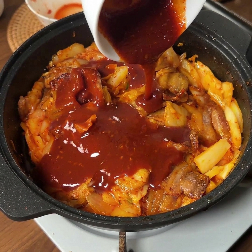 A thick vibrant red Korean sauce being poured from a small white ceramic bowl onto pork belly and kimchi in a pan