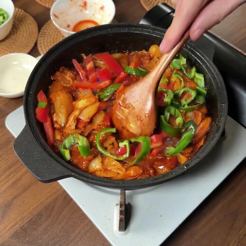 Slices of fresh green and red chilies being added to a pan of stir-frying spicy pork and kimchi.