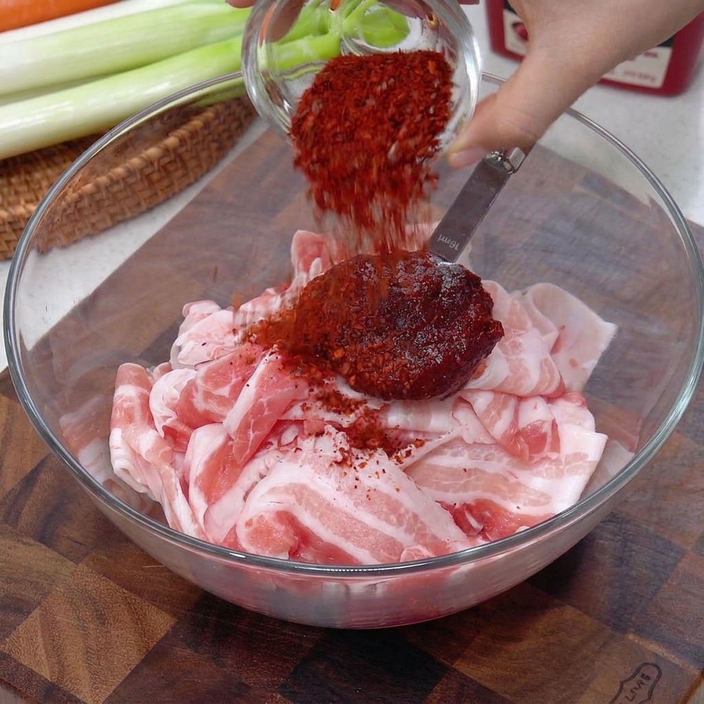 A close-up shot of red chili paste and powdered seasonings being added to a pile of fresh, thinly sliced pork belly in a glass bowl.