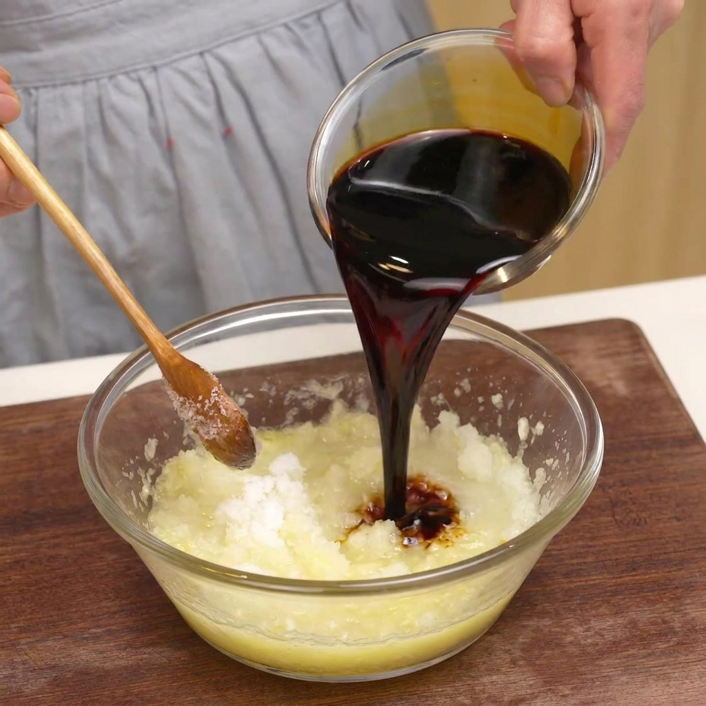 A hand pouring dark soy sauce from a small glass bowl into a larger bowl containing light-colored fruit pulp and white sugar.