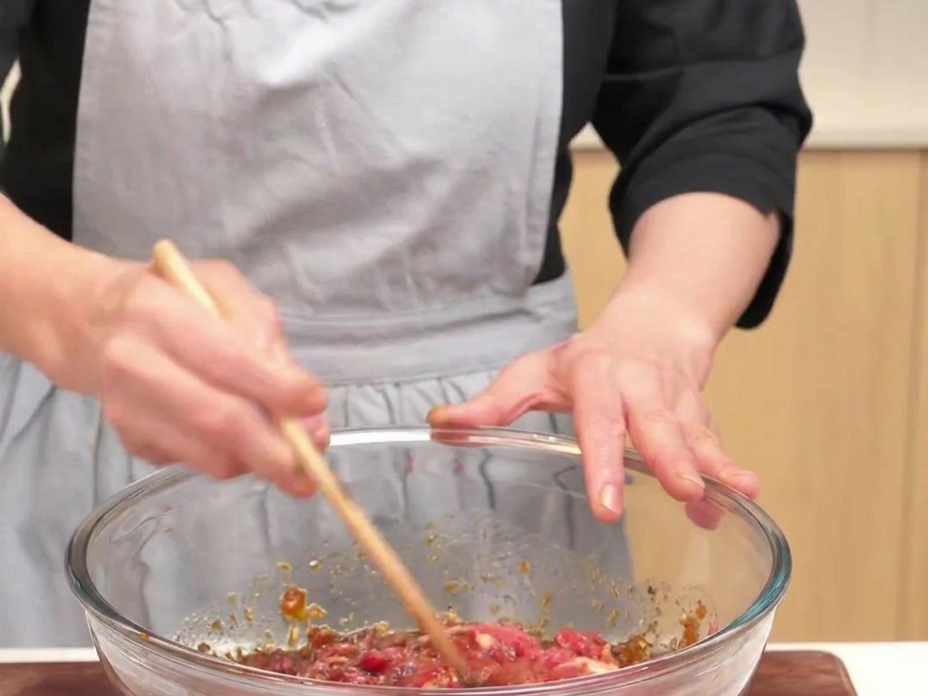 A person using a wooden spoon to stir raw sliced beef and dark marinade together in a large glass bowl.
