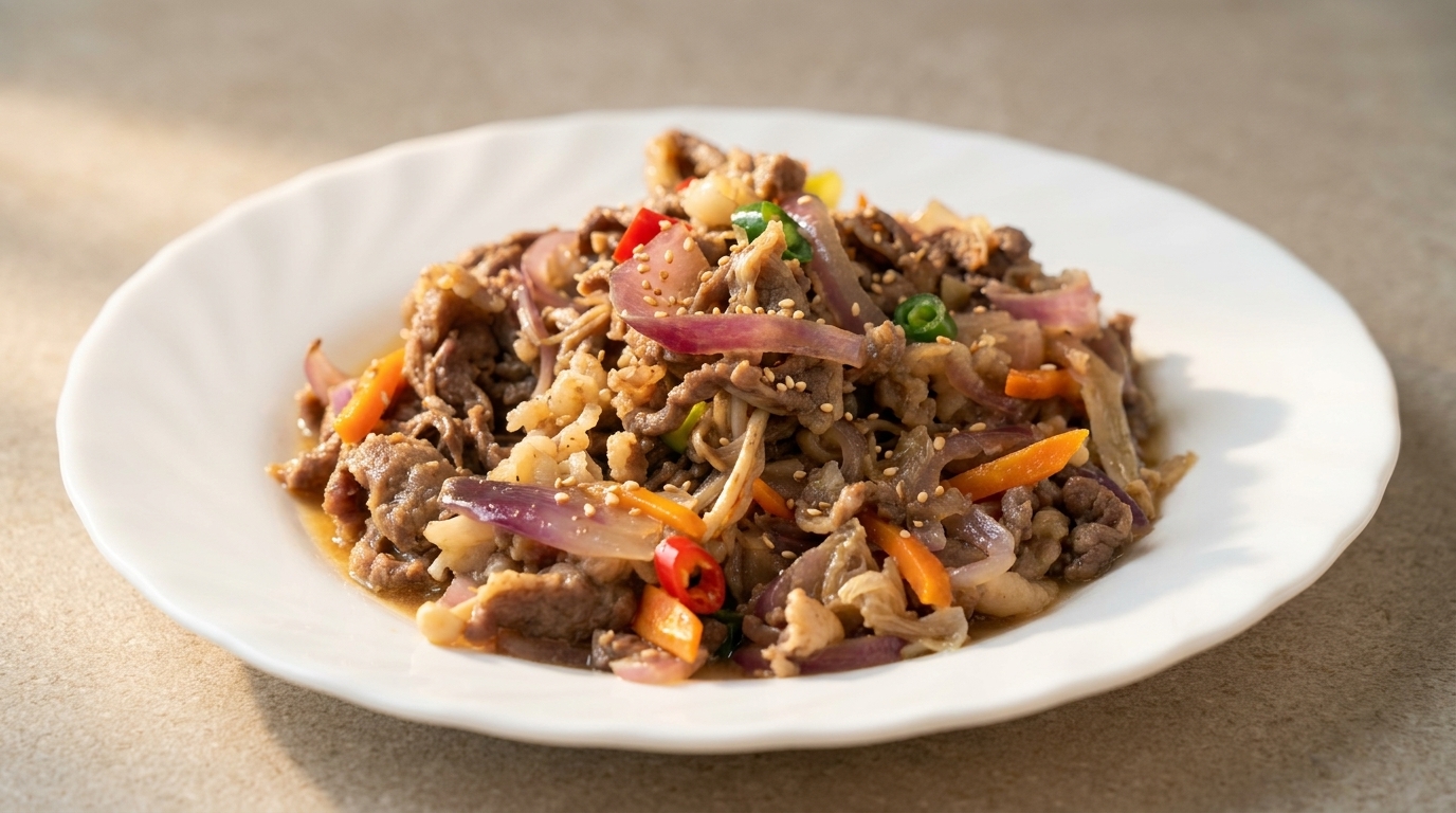 A plate of glistening Korean beef bulgogi stir-fried with enoki mushrooms, purple onions, and fresh chili rings.