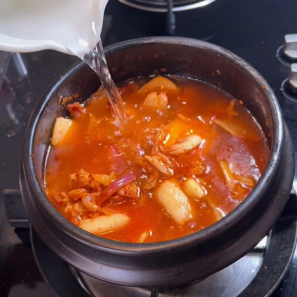 Clear water being poured from a white pitcher into a dark pot filled with red kimchi, pork, and onions.