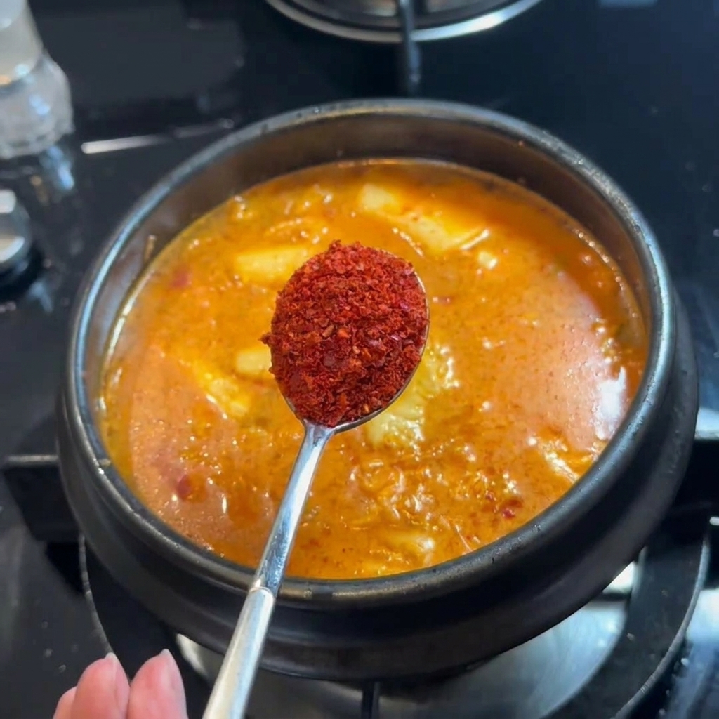 A spoon full of vibrant red Korean chili powder being added to the simmering soup.