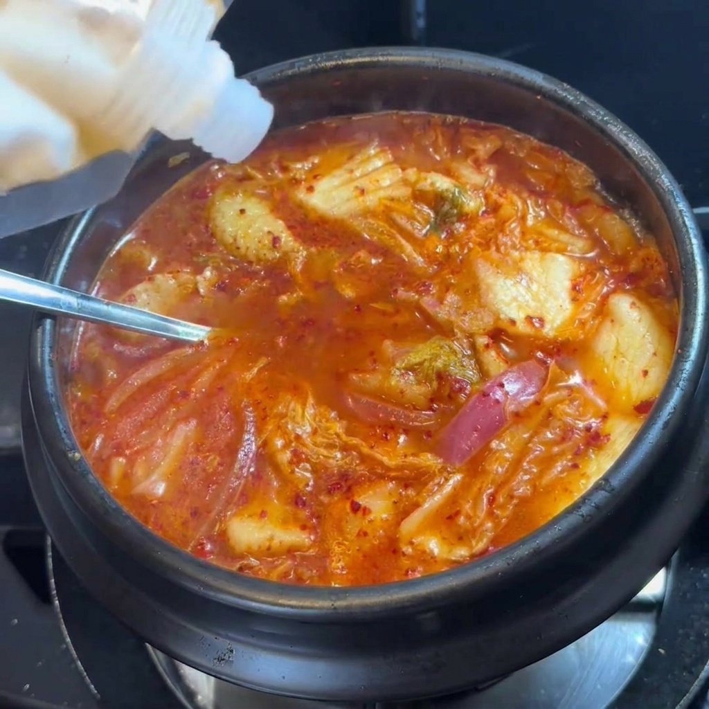 White sugar being dispensed into a simmering red kimchi soup in a dark pot.