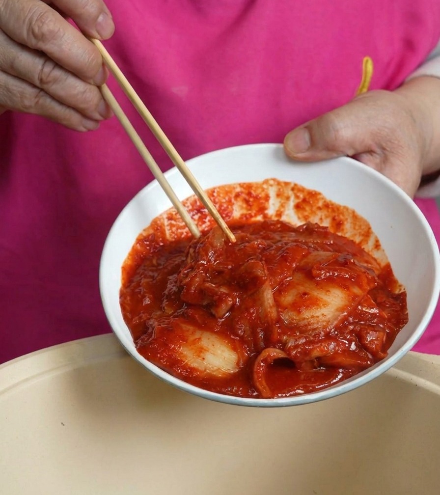 A white bowl filled with bright red, saucy kimchi being tilted over a cooking pot to add the ingredients.