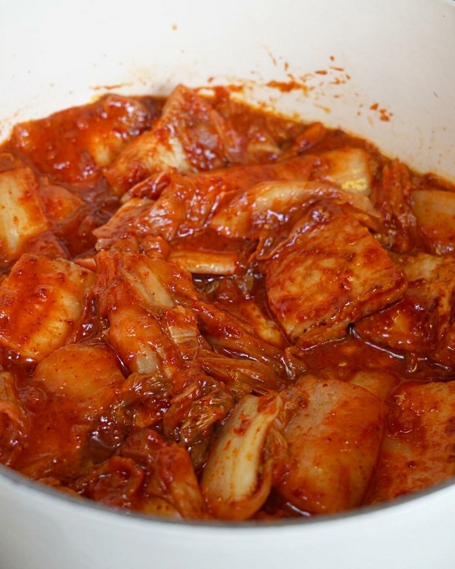 A close-up view of chopped kimchi and pork belly pieces being mixed and sautéed in a beige pot, coated in red chili sauce.