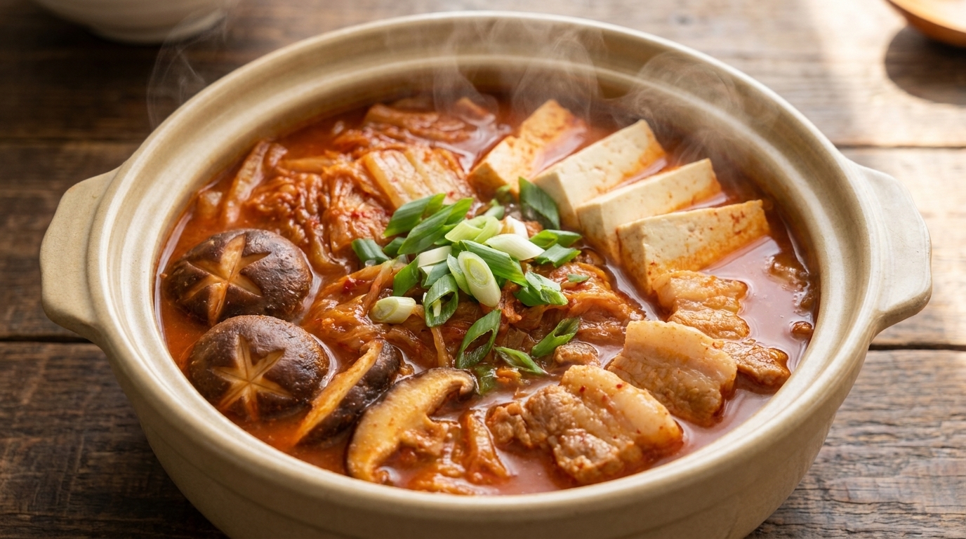 A steaming ceramic pot of Kimchi-jjigae with tender pork belly, fresh tofu, and shiitake mushrooms