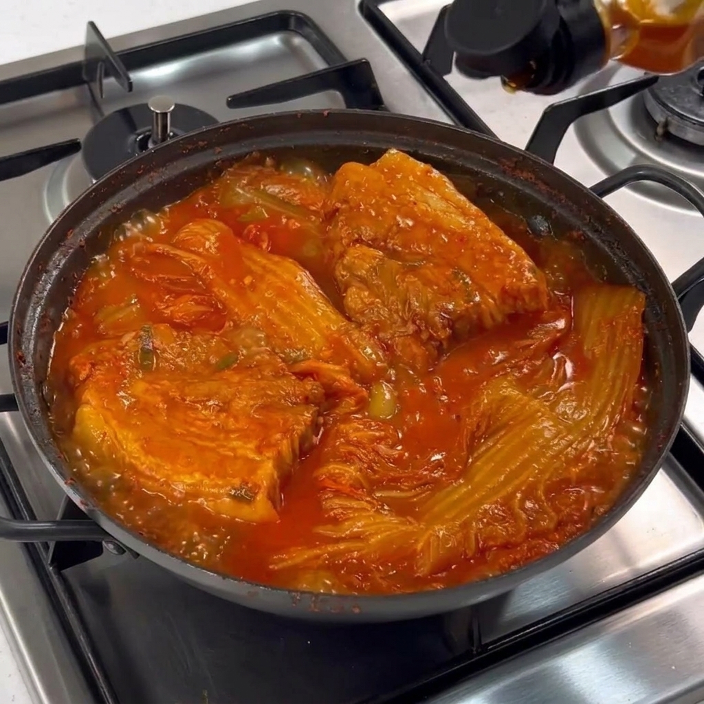 A black pot filled with bubbling red kimchi stew and large pieces of cooked pork belly being finished with a drizzle of golden oil from a bottle.