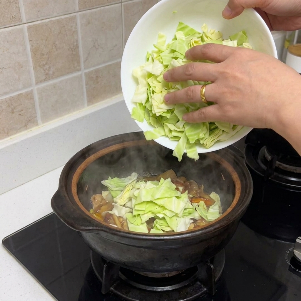 Fresh chopped cabbage being poured from a white bowl into the sautéed onions and mushrooms.