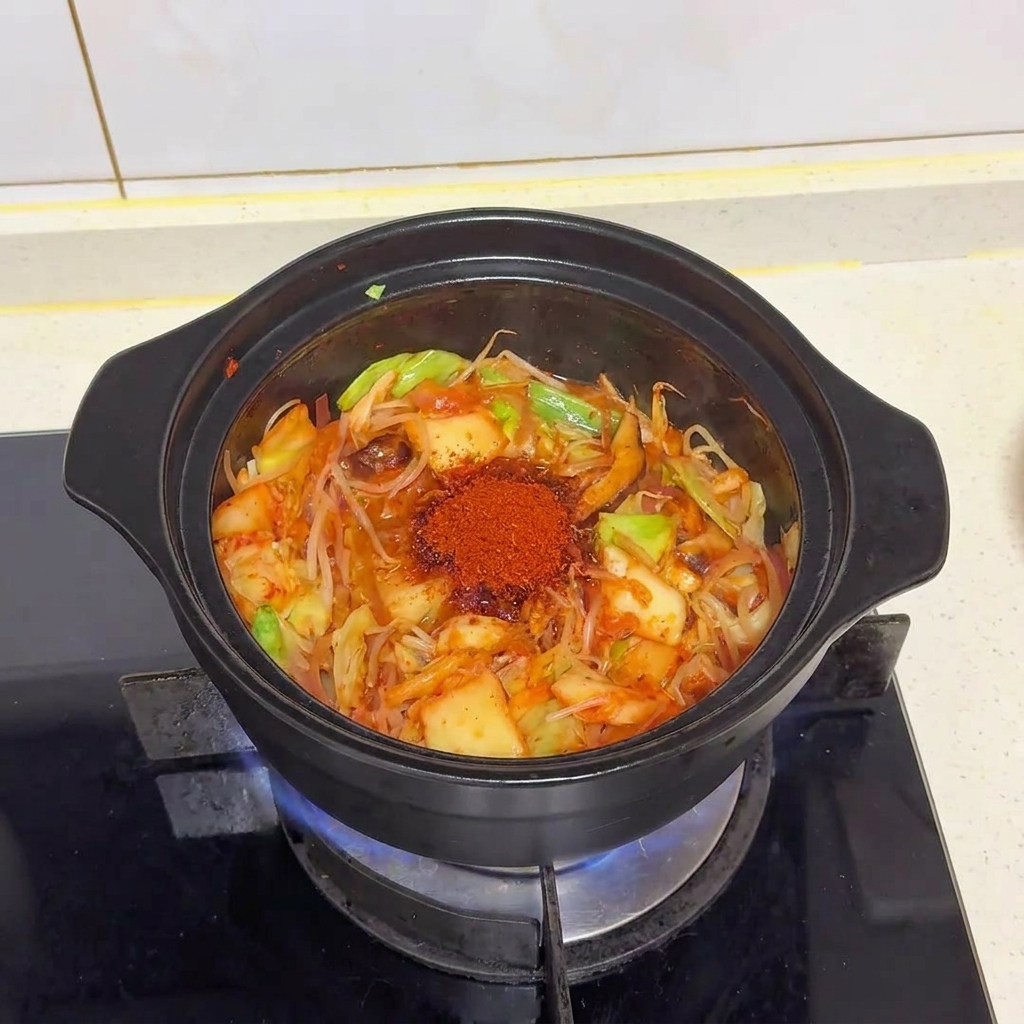 A small mound of bright red fine chili powder sitting on top of the vegetables in the black pot.