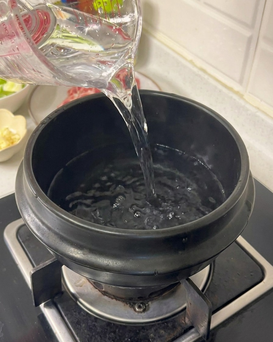 Water being poured from a clear plastic measuring cup into a black ceramic cooking pot on a gas stove.