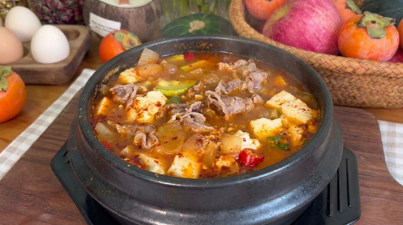 A bubbling earthenware pot of Doenjang-jjigae featuring silky tofu, tender beef slices, and zucchini in a spicy soybean broth
