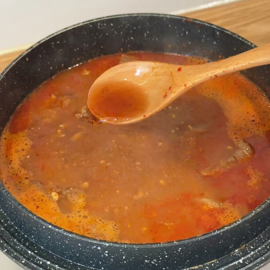 A wooden spoon holding clear fish sauce being lowered into a bubbling red soup base.