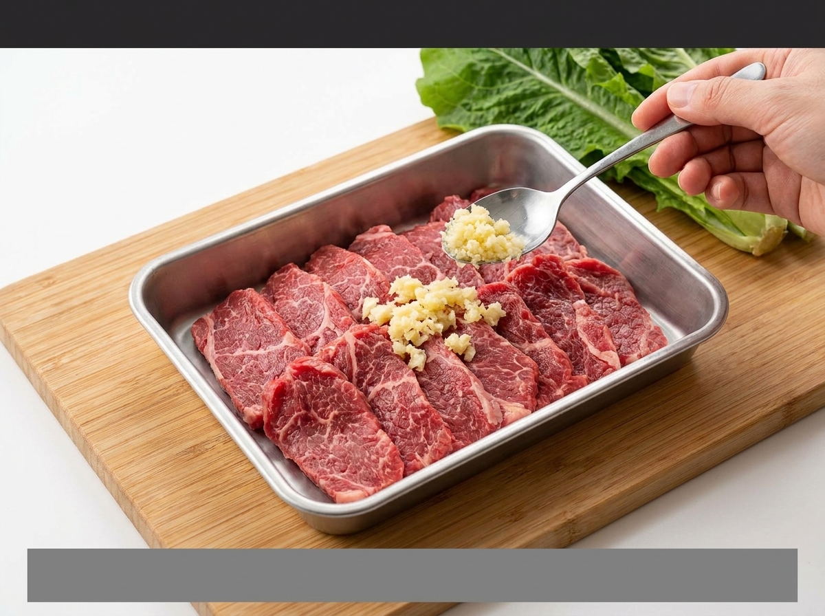 A tray of raw beef slices being topped with garlic and red spices.