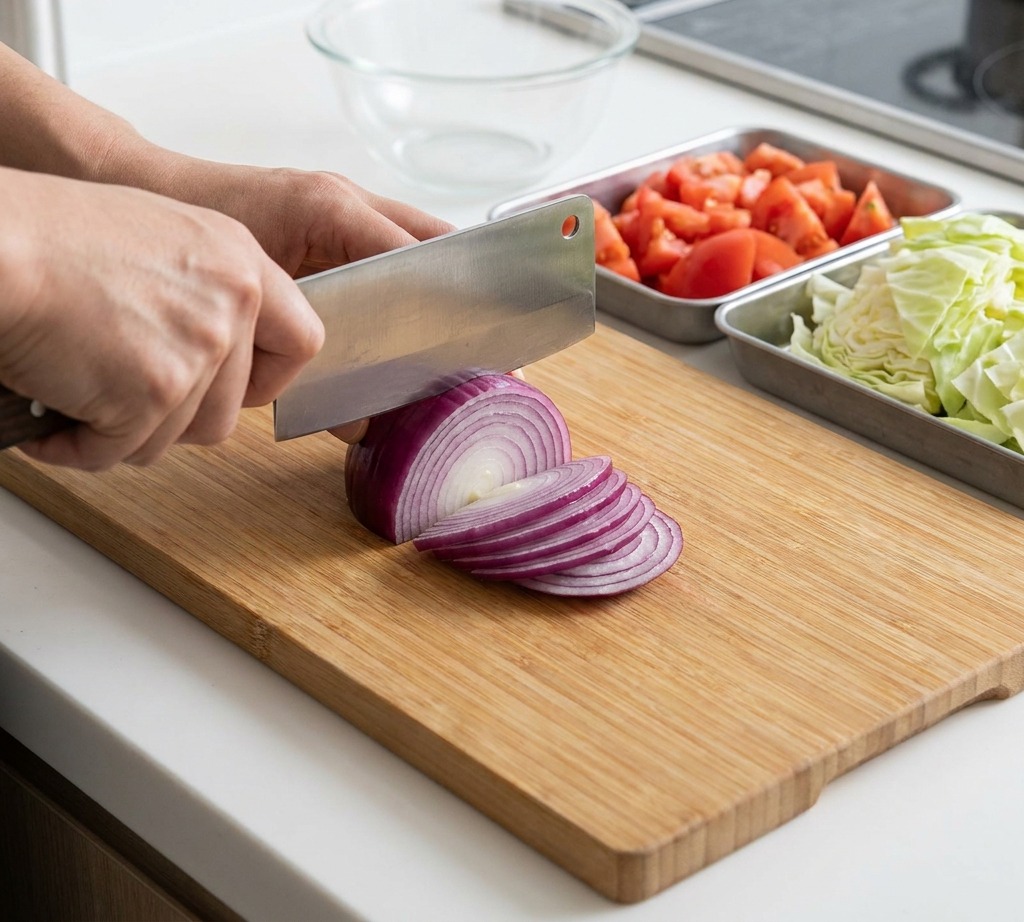 Hands using a cleaver to slice a red onion into thick wedges on a light-colored wooden board.