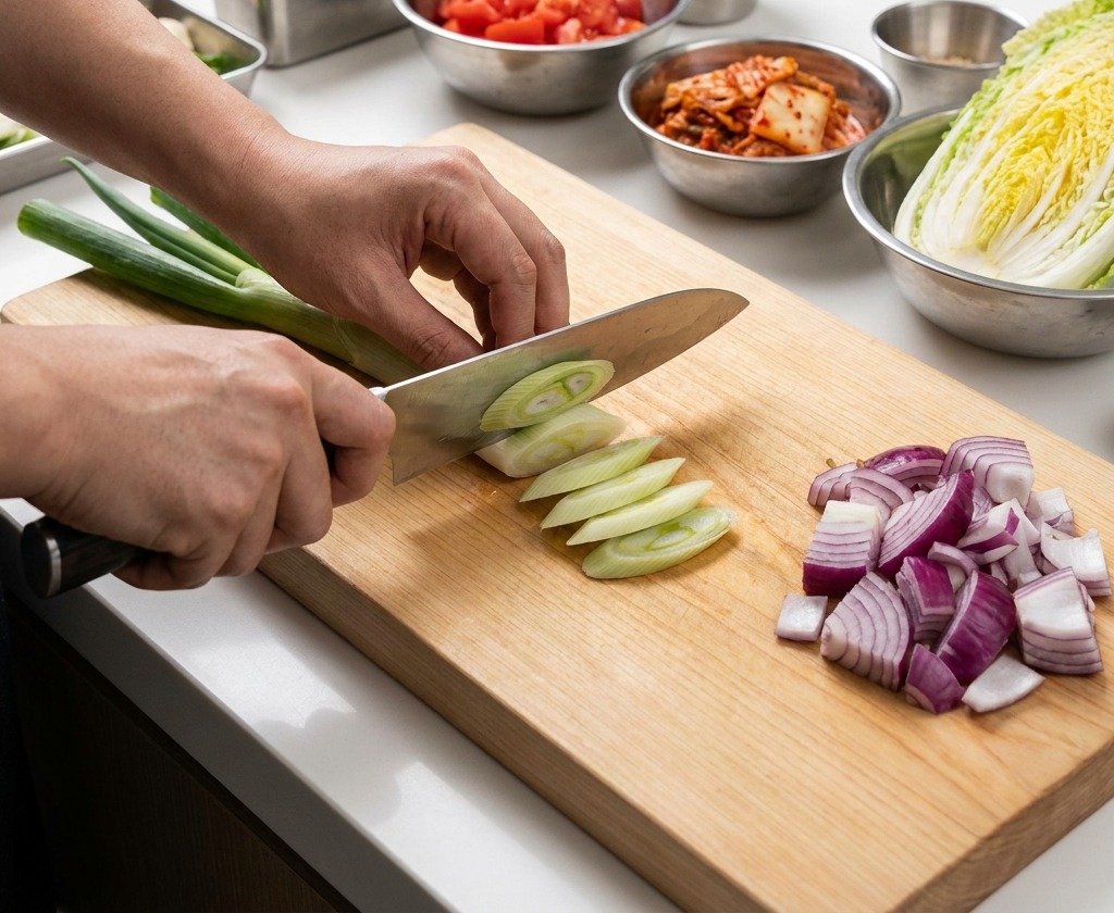 Green onions being cut on a sharp diagonal into long segments on a wooden prep board.