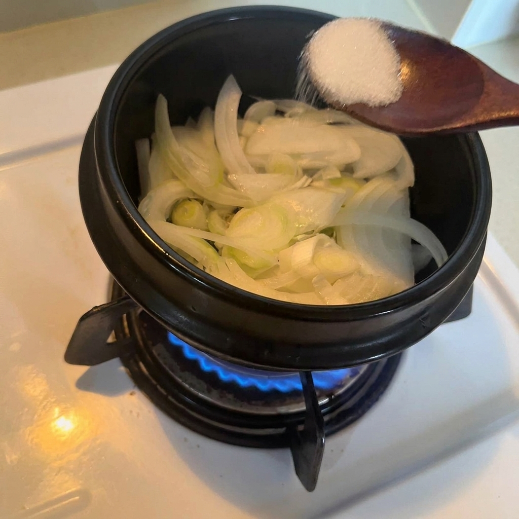 A wooden spoon adding a measured amount of white granulated sugar into a pot containing sliced white and green onions.